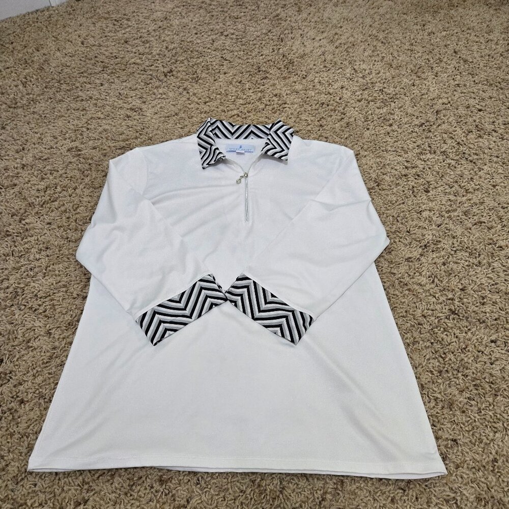 Sport Haley Womens White Sparkly Top w/Black, White & Grey Strips, Medium